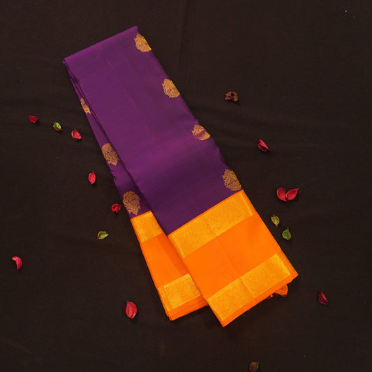 Violet Kanchipuram Silk Saree with Orange Retta Pettu Border - Vivaaha Silks & Sarees