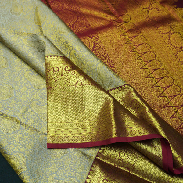 Gray Kanchipuram Silk Saree with Zari Brocade Paisley & Maroon Pallu - Vivaaha Silks & Sarees