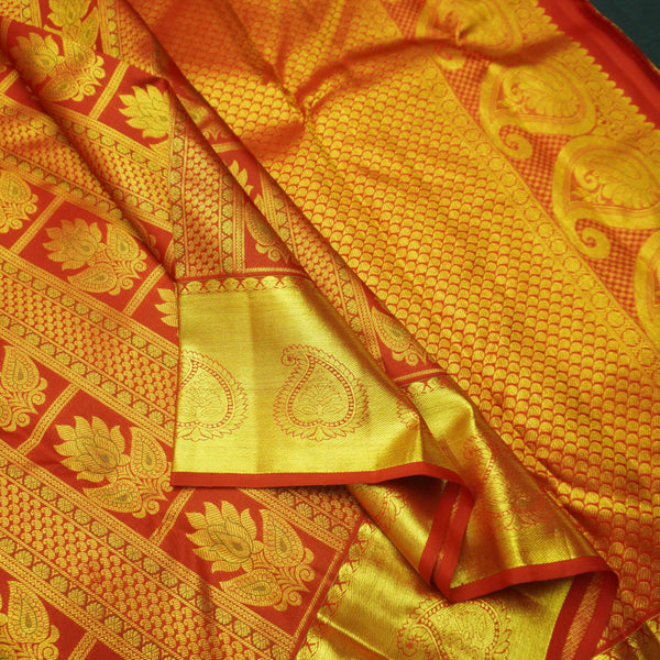 Traditional Chili Red Kanchipuram Silk Saree with Zari Brocade and Meena Work - Vivaaha Silks & Sarees