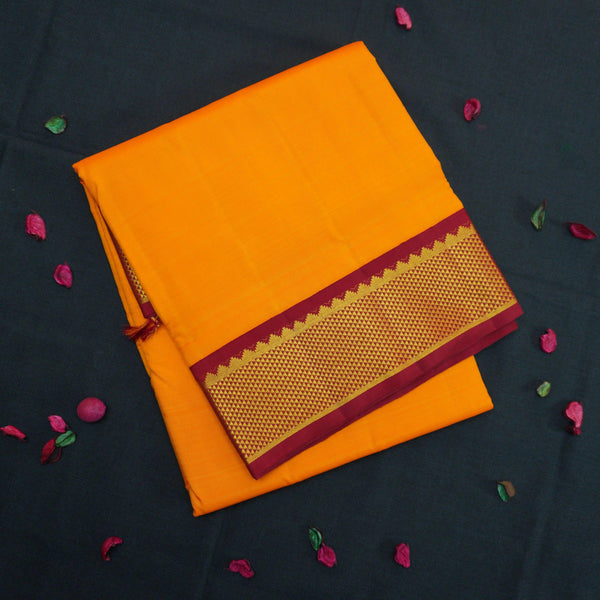 Radiant Golden Yellow 9 Yards Kanchipuram Silk Saree with Red Selvedge Border - Vivaaha Silks & Sarees