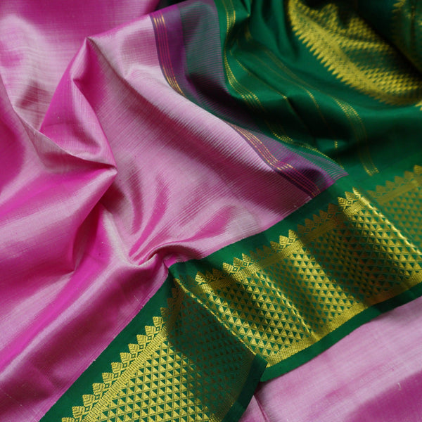 Lotus pink 9 Yards Kanchipuram Silk Saree with Green Selvedge - Vivaaha Silks & Sarees