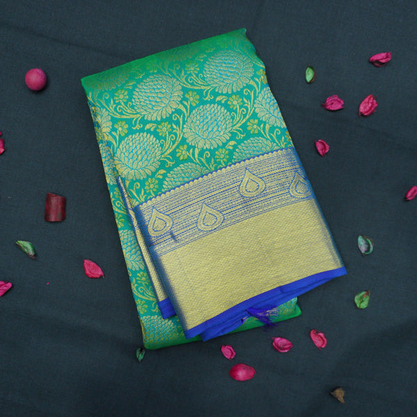 Traditional Teal Green Kanchipuram Silk Saree with Zari Brocade Design - Vivaaha Silks & Sarees