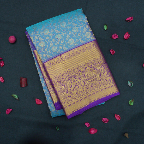 Sky Blue Bridal Kanchipuram Silk Saree with Violet Korvai Border - Vivaaha Silks & Sarees