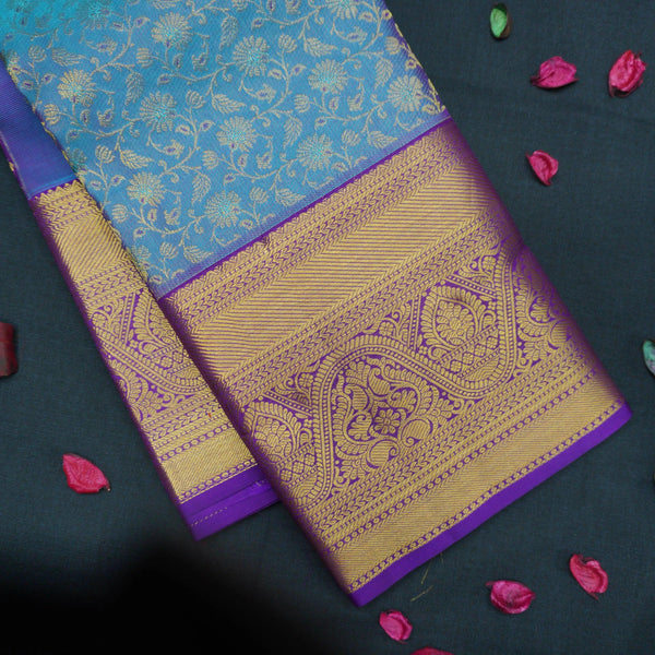 Sky Blue Bridal Kanchipuram Silk Saree with Violet Korvai Border - Vivaaha Silks & Sarees