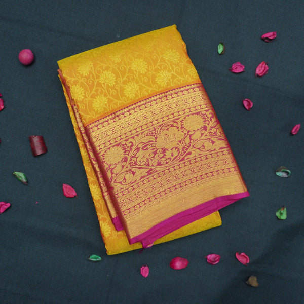 Mustard Yellow with Pink Border Bridal Kanchipuram Silk Saree - Vivaaha Silks & Sarees