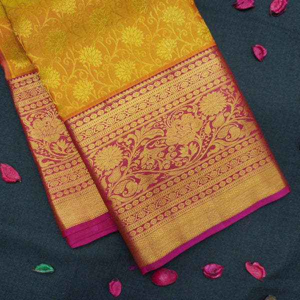Mustard Yellow with Pink Border Bridal Kanchipuram Silk Saree - Vivaaha Silks & Sarees