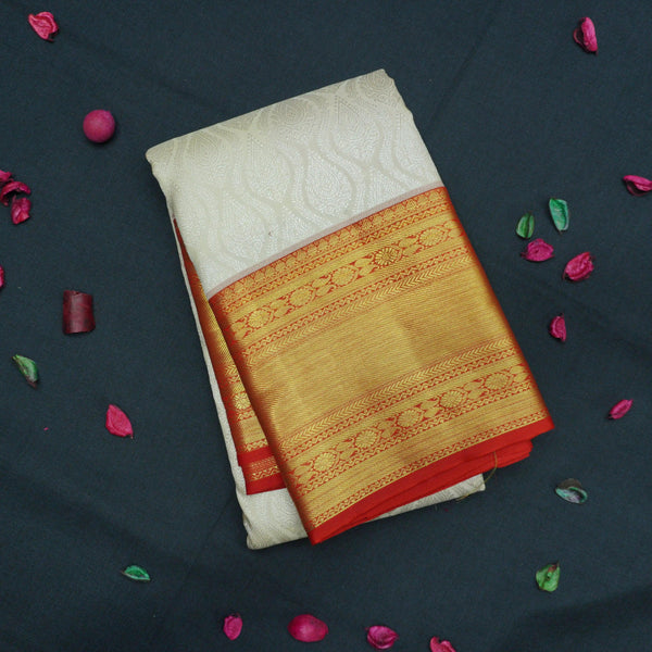 Traditional Half White with Red Border Kanchipuram Silk Saree - Vivaaha Silks & Sarees