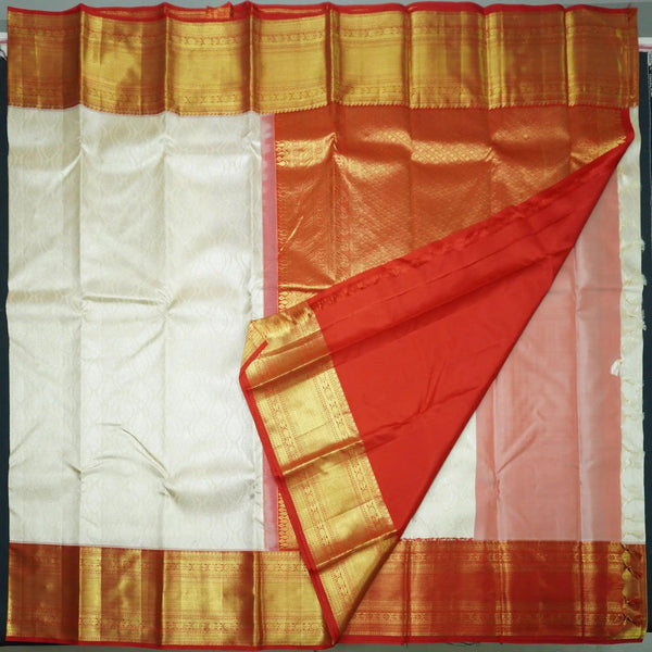 Traditional Half White with Red Border Kanchipuram Silk Saree - Vivaaha Silks & Sarees