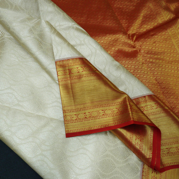 Traditional Half White with Red Border Kanchipuram Silk Saree - Vivaaha Silks & Sarees