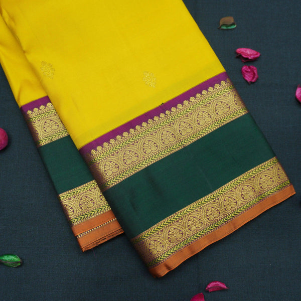 Bright Yellow Kanchipuram Silk Saree with Dual-Color Korvai Border - Vivaaha Silks & Sarees