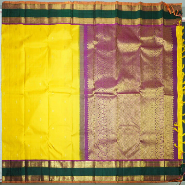 Bright Yellow Kanchipuram Silk Saree with Dual-Color Korvai Border - Vivaaha Silks & Sarees