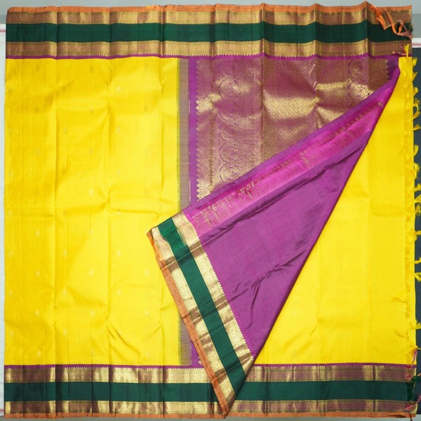 Bright Yellow Kanchipuram Silk Saree with Dual-Color Korvai Border - Vivaaha Silks & Sarees