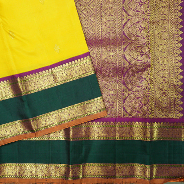 Bright Yellow Kanchipuram Silk Saree with Dual-Color Korvai Border - Vivaaha Silks & Sarees