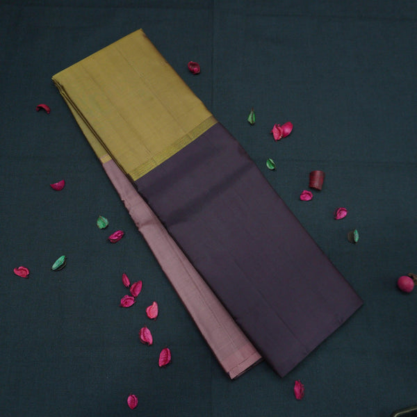 Fenugreek, Blush Pink, and Brown Mubbagam Kanchipuram Handloom Silk Saree - Vivaaha Silks & Sarees