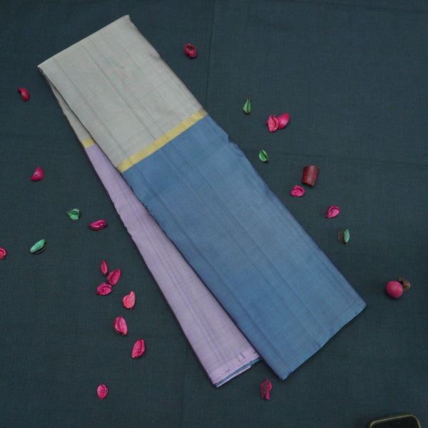 Lightweight Steel Gray Kanchipuram Silk Saree with Lavender & Blue Mubbagam - Vivaaha Silks & Sarees