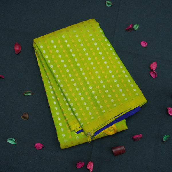 Lime Green Borderless Kanchipuram Silk Saree with Blue Pallu & Zari Brocade - Vivaaha Silks & Sarees