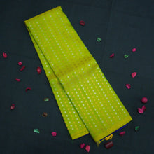 Load image into Gallery viewer, Lime Green Borderless Kanchipuram Silk Saree with Blue Pallu & Zari Brocade - Vivaaha Silks & Sarees