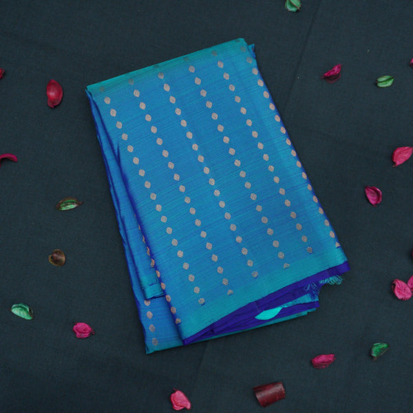 Peacock Blue Borderless Kanchipuram Silk Saree with Copper Zari Brocade - Vivaaha Silks & Sarees