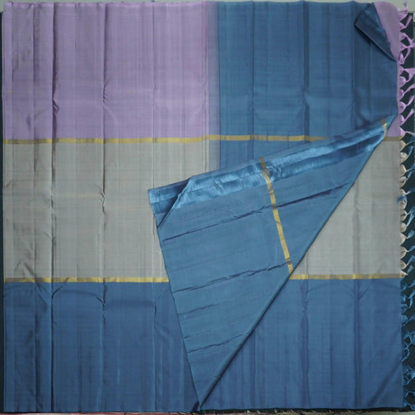 Lightweight Steel Gray Kanchipuram Silk Saree with Lavender & Blue Mubbagam - Vivaaha Silks & Sarees