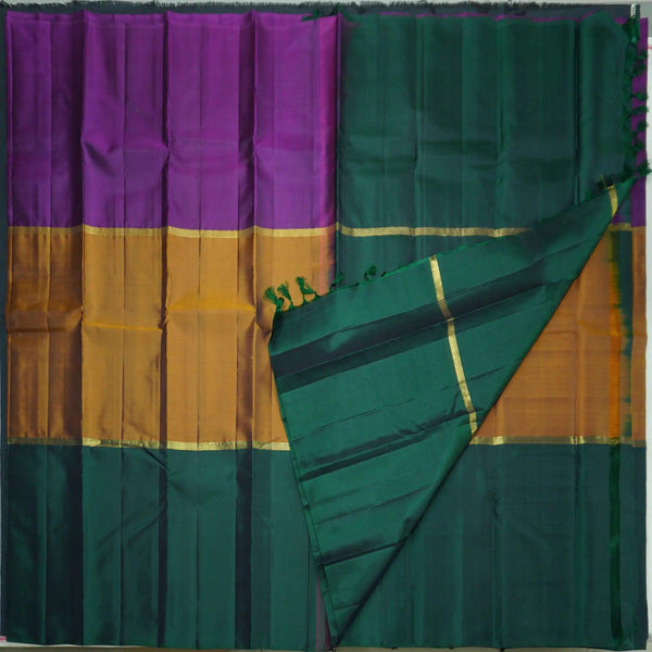 Mustard Yellow with Violet & Dark Green Kanchipuram Handloom Silk Saree - Vivaaha Silks & Sarees