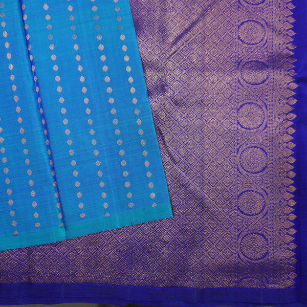 Peacock Blue Borderless Kanchipuram Silk Saree with Copper Zari Brocade - Vivaaha Silks & Sarees