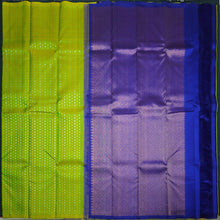 Load image into Gallery viewer, Lime Green Borderless Kanchipuram Silk Saree with Blue Pallu & Zari Brocade - Vivaaha Silks & Sarees