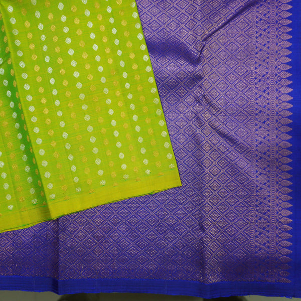 Lime Green Borderless Kanchipuram Silk Saree with Blue Pallu & Zari Brocade - Vivaaha Silks & Sarees