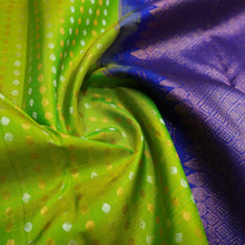Load image into Gallery viewer, Lime Green Borderless Kanchipuram Silk Saree with Blue Pallu & Zari Brocade - Vivaaha Silks & Sarees