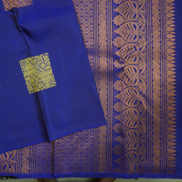Deep Blue Borderless Kanchipuram Silk Saree with Gold and Copper Motifs - Vivaaha Silks & Sarees