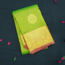 Load image into Gallery viewer, Lime Green Kanchipuram Silk Saree with Gold Zari Motifs and Blush Pink Border - Vivaaha Silks & Sarees