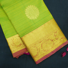 Load image into Gallery viewer, Lime Green Kanchipuram Silk Saree with Gold Zari Motifs and Blush Pink Border - Vivaaha Silks & Sarees