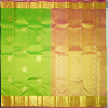 Load image into Gallery viewer, Lime Green Kanchipuram Silk Saree with Gold Zari Motifs and Blush Pink Border - Vivaaha Silks & Sarees