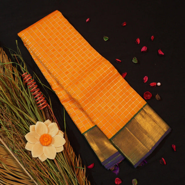 Golden Orange Kanchipuram Silk Saree with Navy Blue Bavanji Border - Vivaaha Silks & Sarees