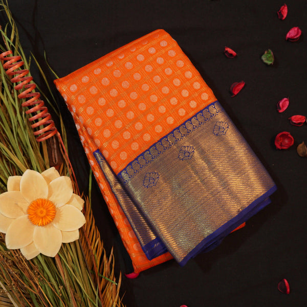 Sunset Orange Kanchipuram Silk Saree with Gold Zari Checks - Vivaaha Silks & Sarees