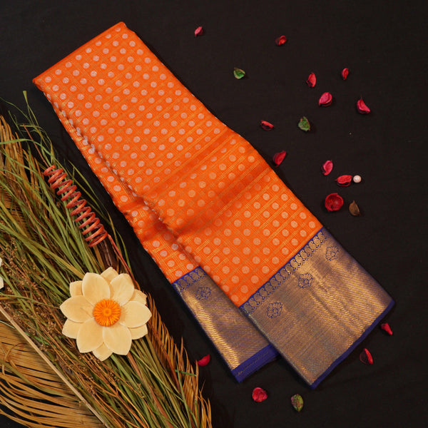Sunset Orange Kanchipuram Silk Saree with Gold Zari Checks - Vivaaha Silks & Sarees