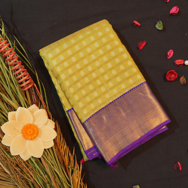 Pista Green Kanchipuram Silk Saree with Gold Zari Checks and Navy Border - Vivaaha Silks & Sarees