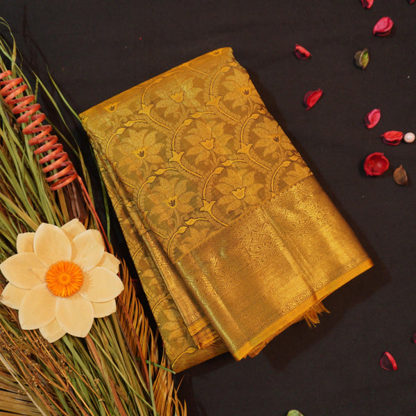 Fenugreek Bridal Kanchipuram Silk Saree with Zari Brocade & Traditional Design - Vivaaha Silks & Sarees