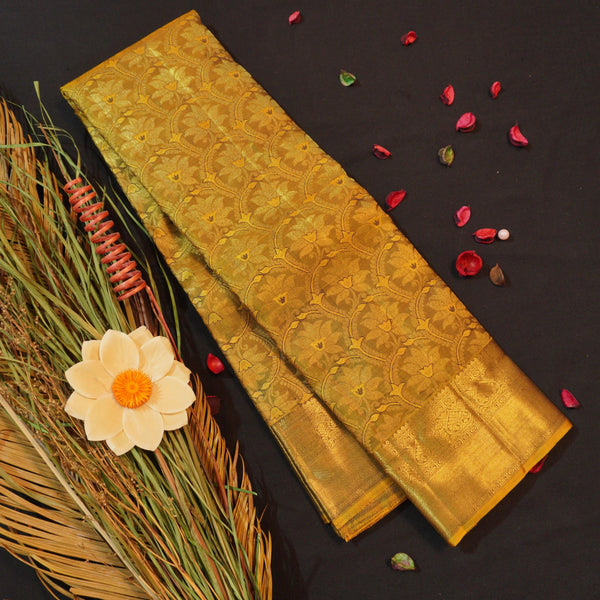 Fenugreek Bridal Kanchipuram Silk Saree with Zari Brocade & Traditional Design - Vivaaha Silks & Sarees
