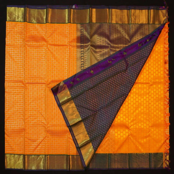 Golden Orange Kanchipuram Silk Saree with Navy Blue Bavanji Border - Vivaaha Silks & Sarees
