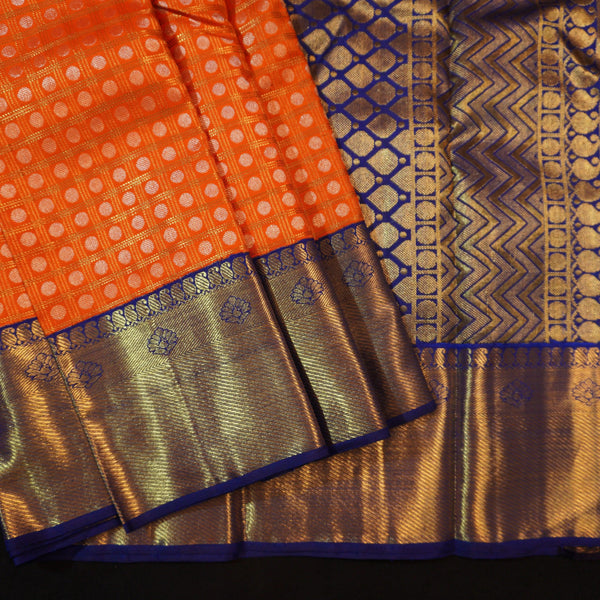 Sunset Orange Kanchipuram Silk Saree with Gold Zari Checks - Vivaaha Silks & Sarees