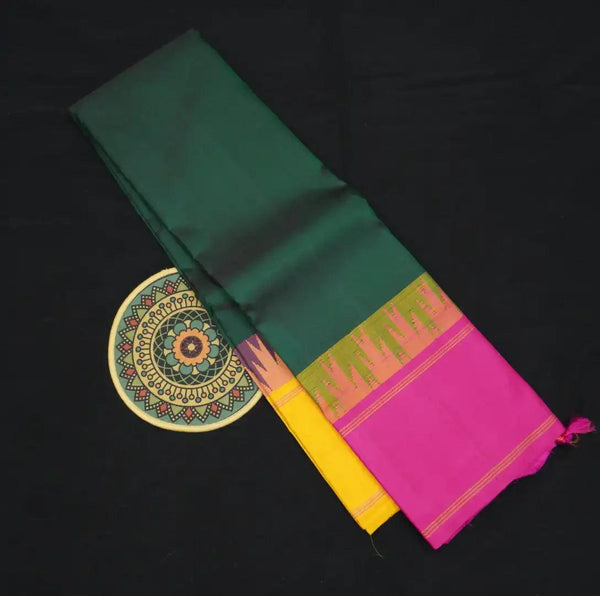 Bottle Green Ganga Jamuna Border Kanchipuram Silk Saree with Temple Border - Vivaaha Silks & Sarees