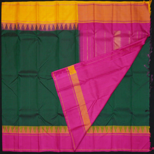 Bottle Green Ganga Jamuna Border Kanchipuram Silk Saree with Temple Border - Vivaaha Silks & Sarees