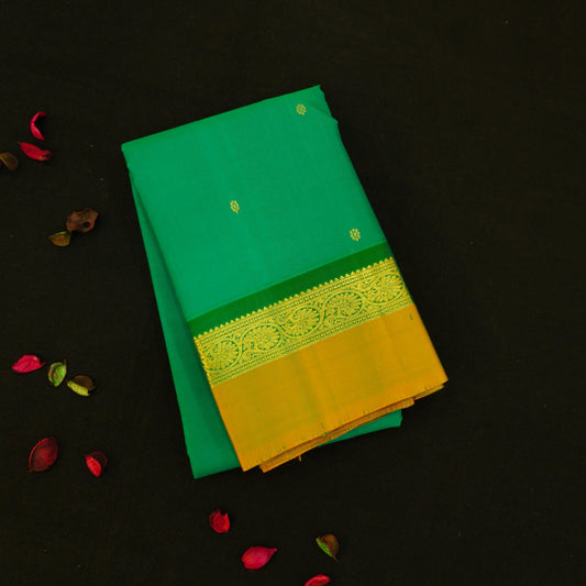 Sapphire Green with Yellow Border Kanjeevaram silk saree