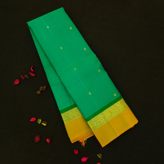 Sapphire Green with Yellow Border Kanjeevaram silk saree