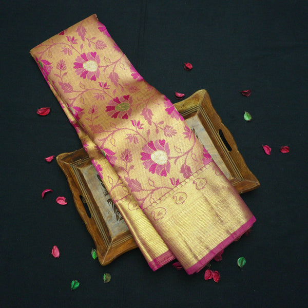 Full Gold Pure Zari Rani Pink Meenakari Brocade Bridal Tissue Saree - Vivaaha Silks & Sarees