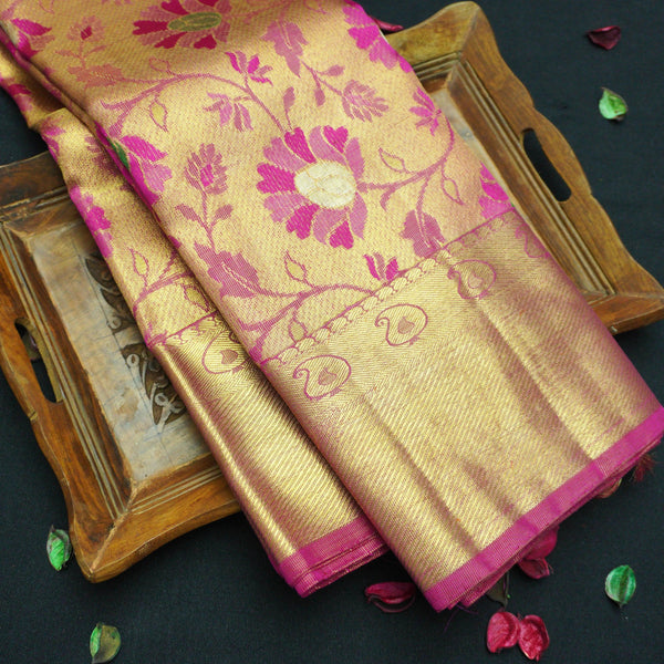 Full Gold Pure Zari Rani Pink Meenakari Brocade Bridal Tissue Saree - Vivaaha Silks & Sarees
