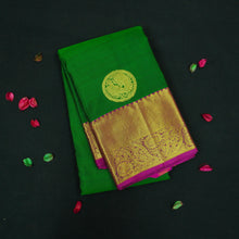 Load image into Gallery viewer, Bottle green Kanchipuram silk saree with magenta border, rich gold zari pallu, and round zari motifs – traditional South Indian wedding saree from Vivaaha Silks.