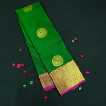 Load image into Gallery viewer, Bottle green Kanchipuram silk saree with magenta border, rich gold zari pallu, and round zari motifs – traditional South Indian wedding saree from Vivaaha Silks.