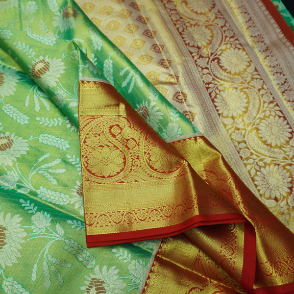 Full Tissue Green Exclusive Kanchipuram Silk Saree with Floral Zari Brocade - Vivaaha Silks & Sarees