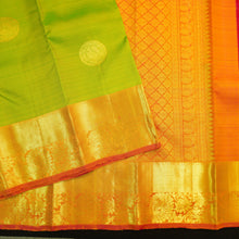 Load image into Gallery viewer, Parrot green Kanchipuram silk saree with pink orange zari border and gold buttas, traditional pattu saree for wedding wear.